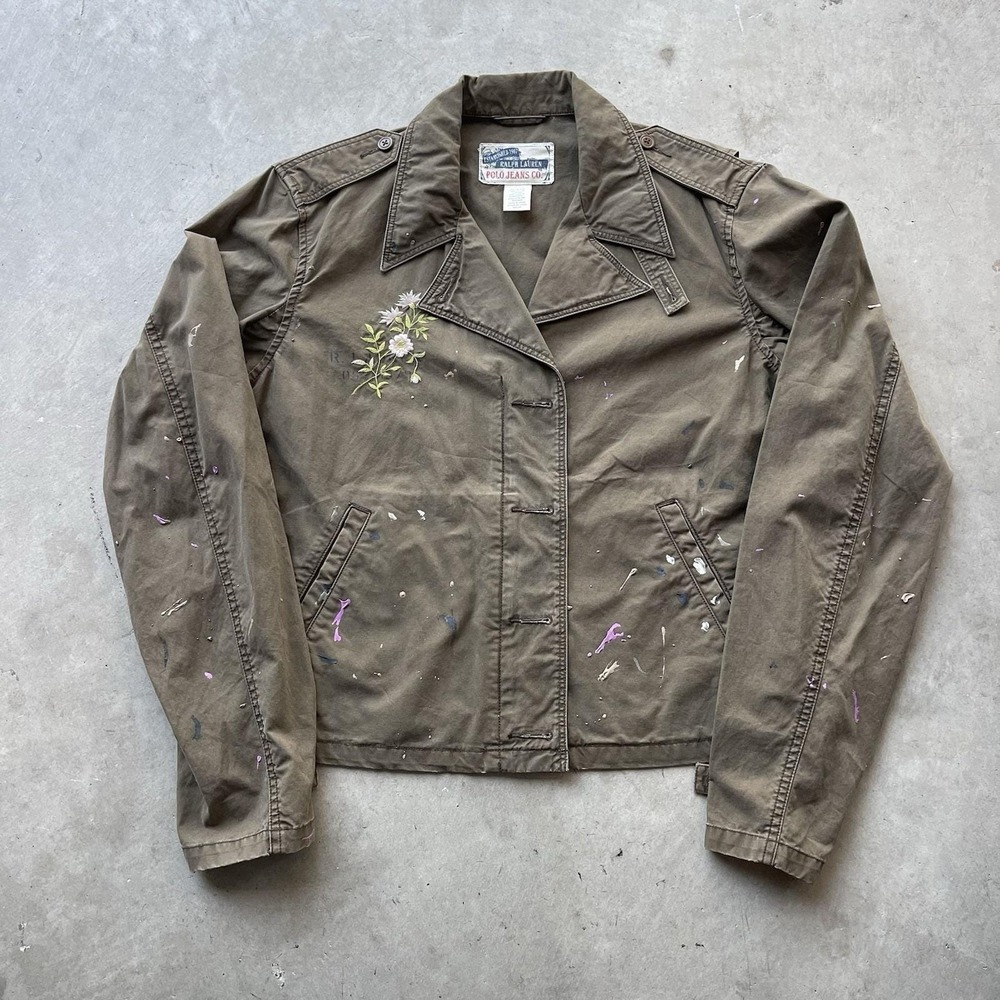 Vintage Polo Jeans Ralph Lauren Paint Splatter Floral Embroidered Work Jacket XL